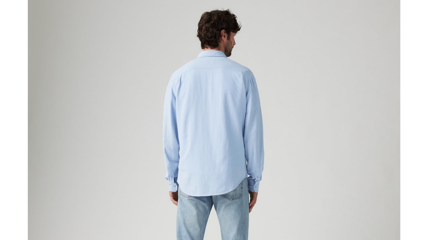 Man in Levi's light-blue shirt and denim jeans