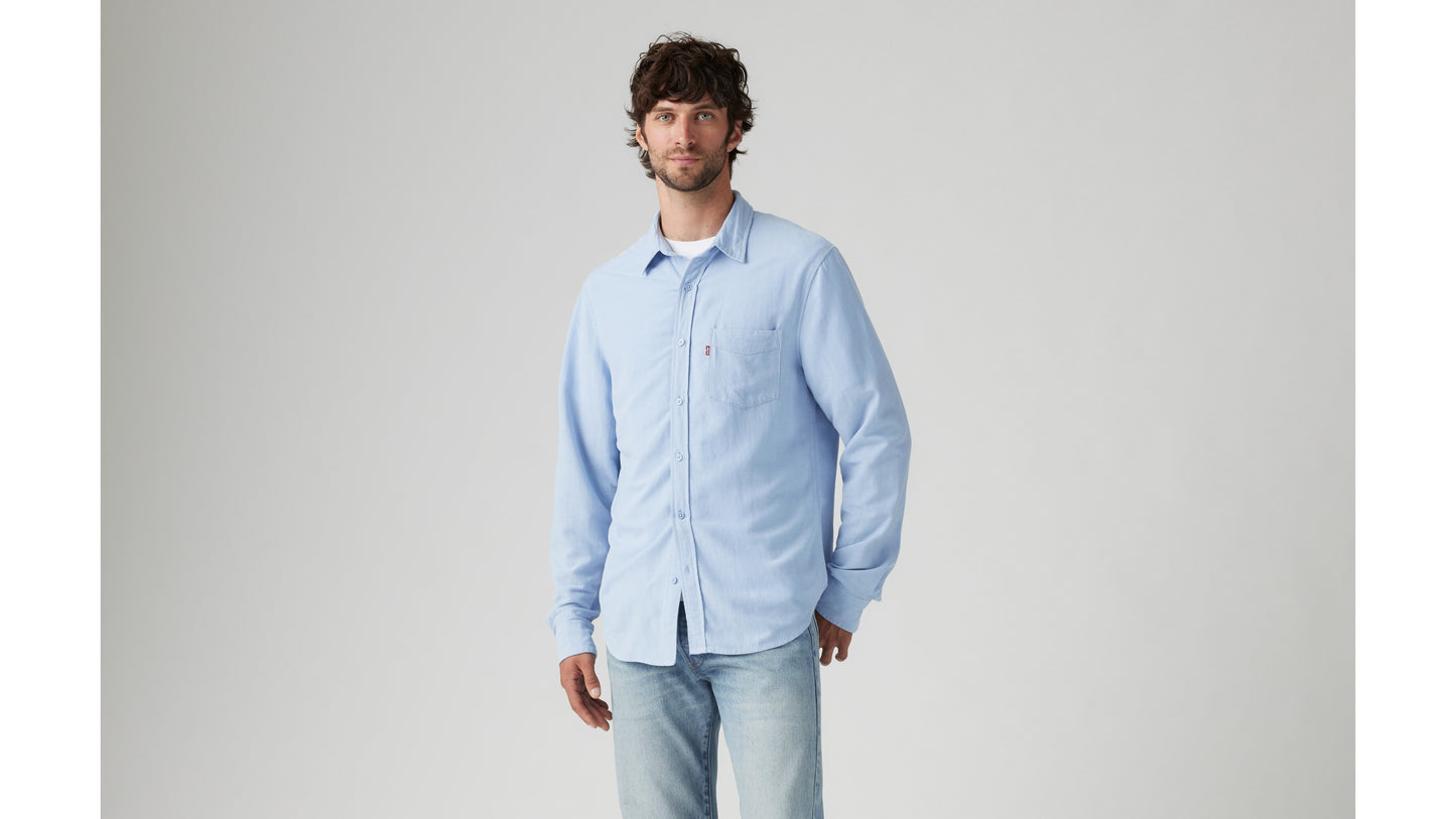 Model in Levi's light-blue shirt and denim jeans