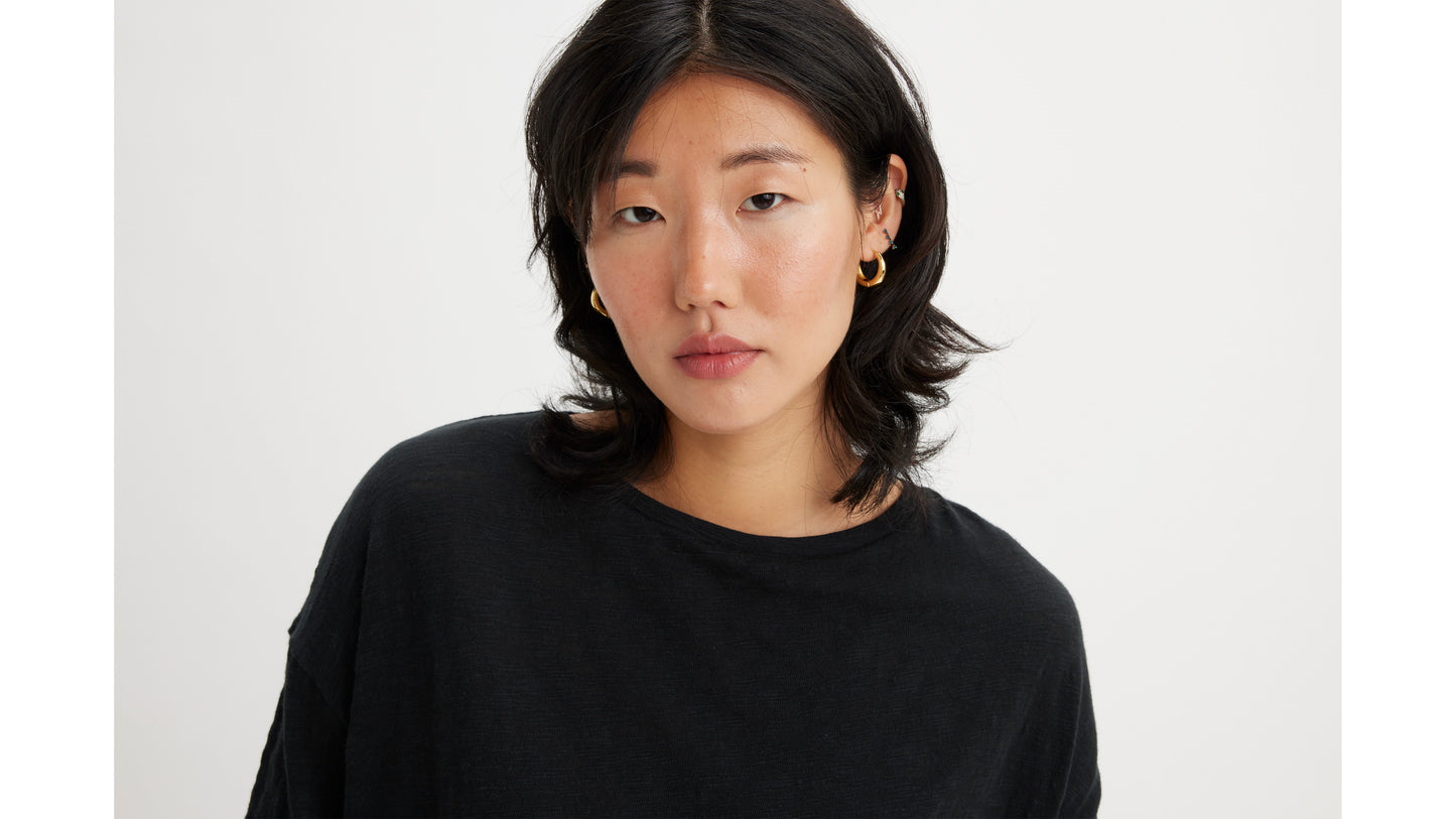 Close-up of woman in black long-sleeve top