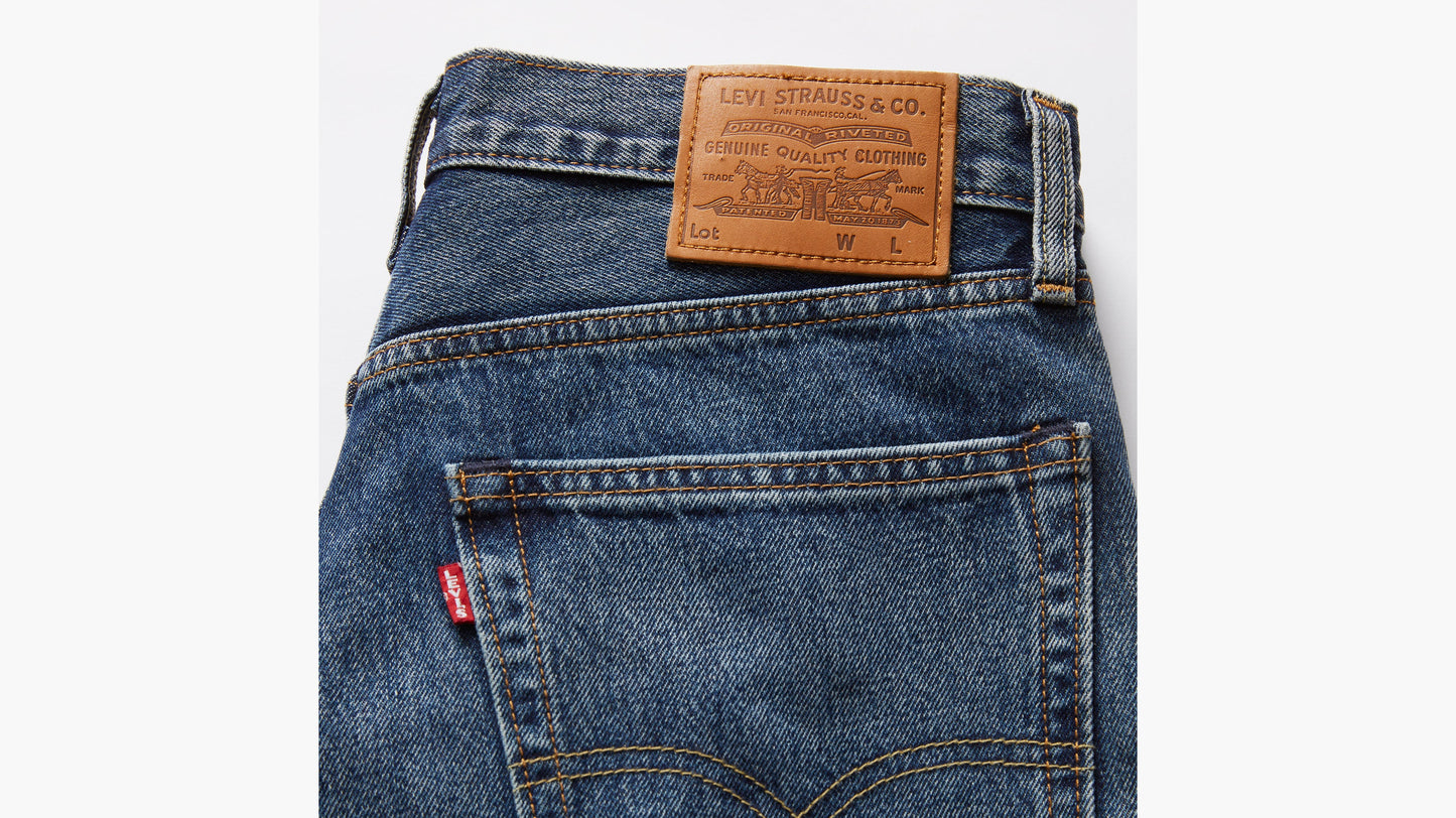 Close-up of Levi's Men's 468 Loose Shorts in dark wash, back label view