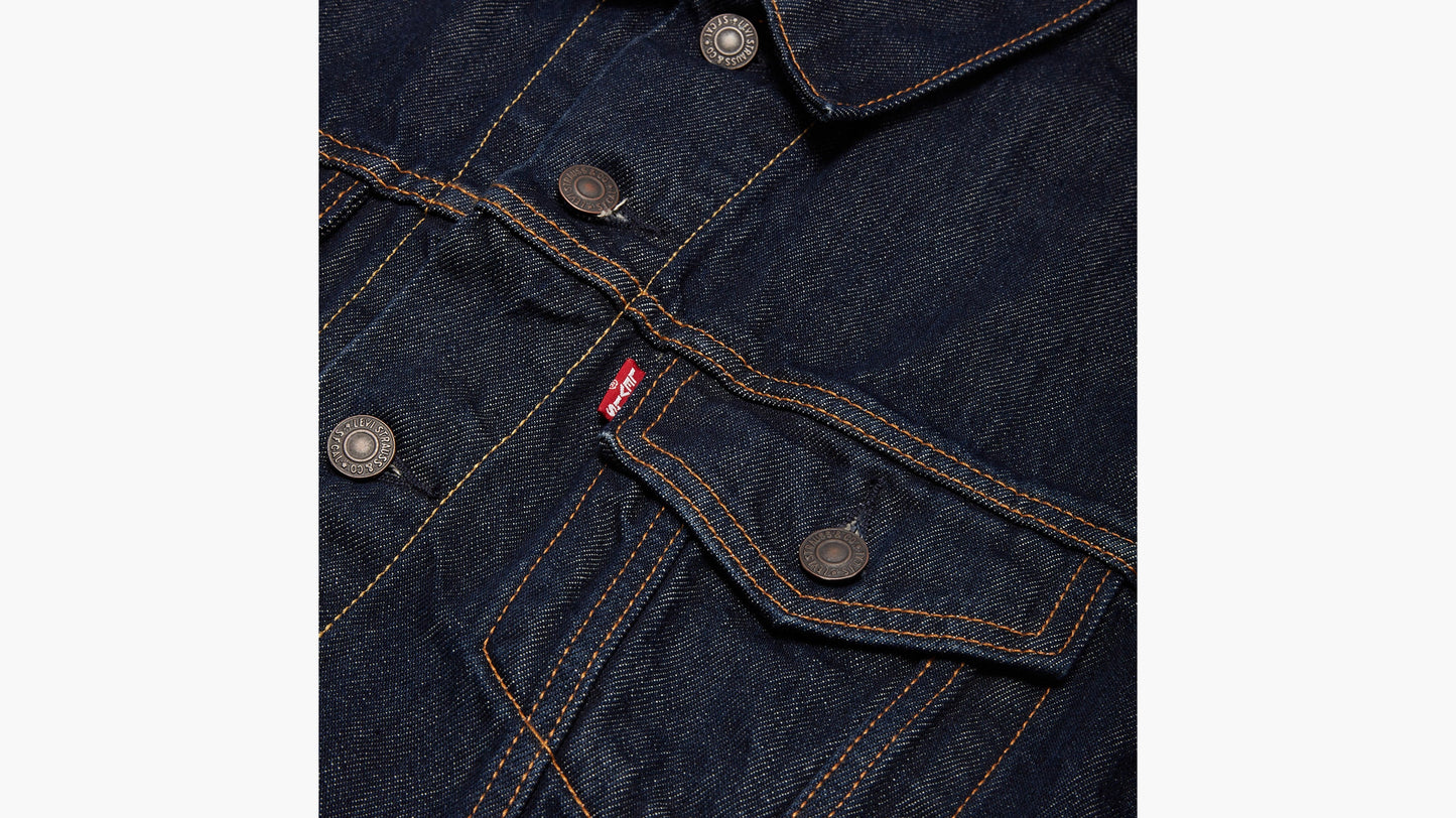 Levi’s men’s Trucker Jacket, chest pocket close-up with red tab and snaps
