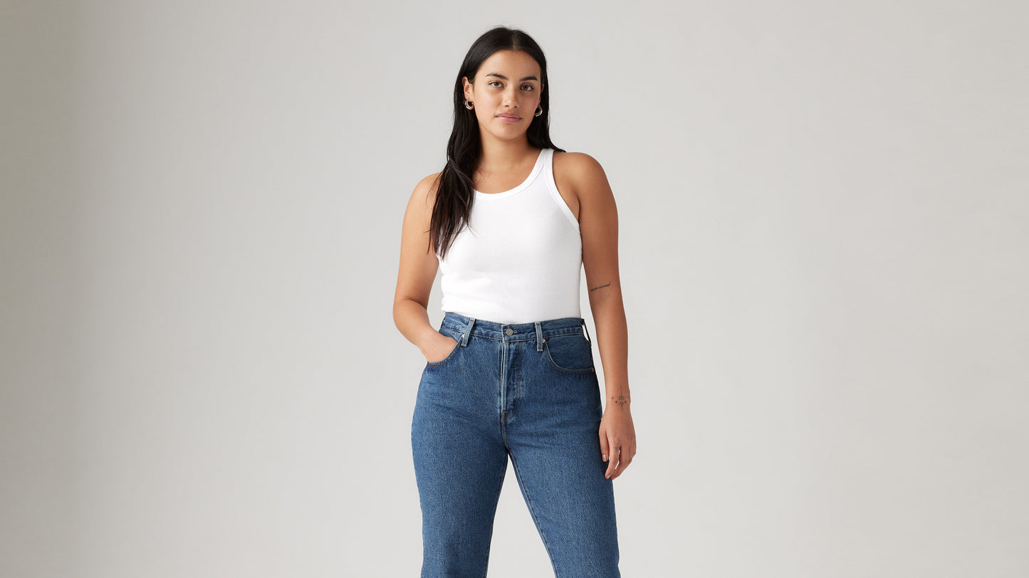 Woman in Levi's Women's Essential Racer Tank and blue jeans, front view