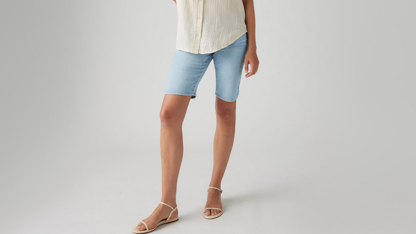 Close-up view of womens faded blue bermuda shorts