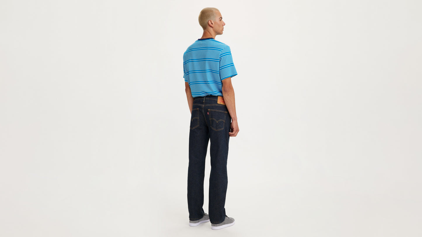 Back of man in stripe shirt and straight Levi's jeans