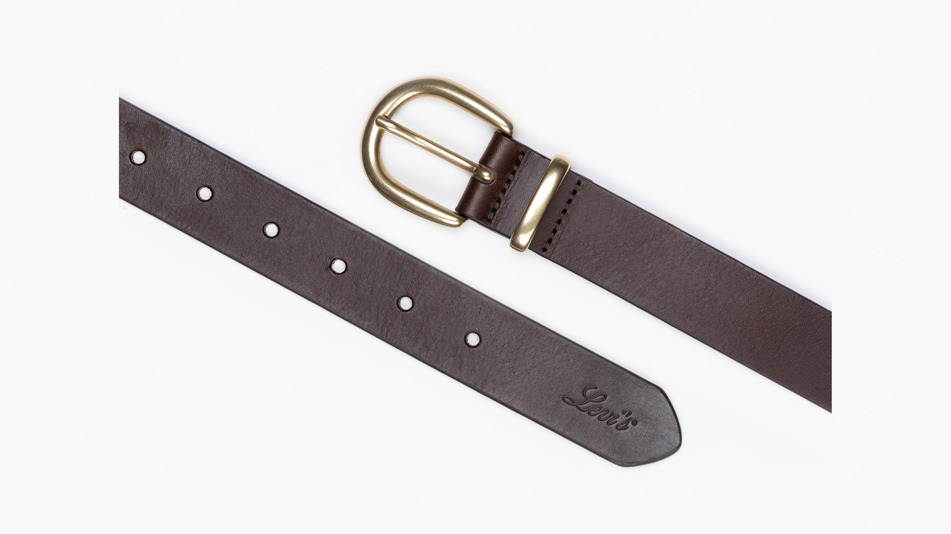 Levi's brown belt with gold buckle, angled view