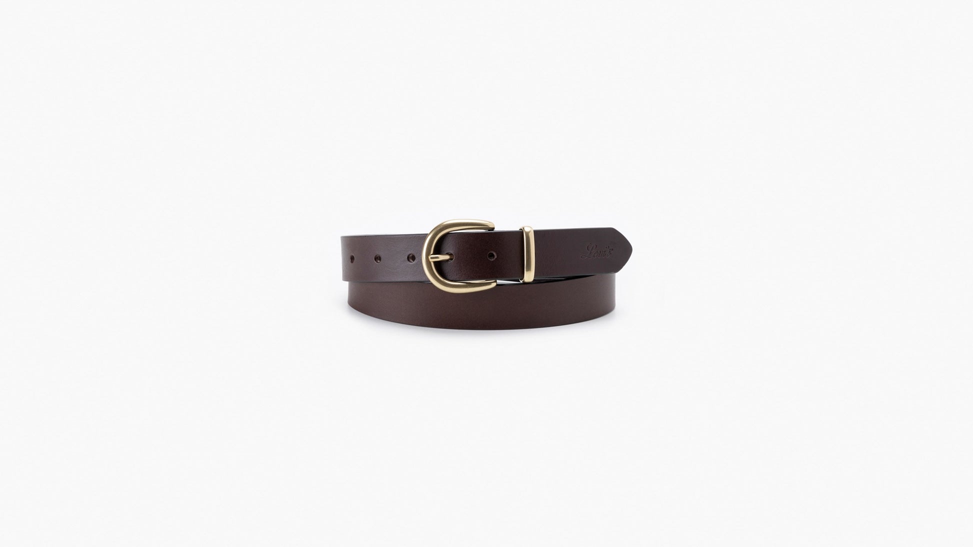 Levi's brown belt with gold buckle, front view