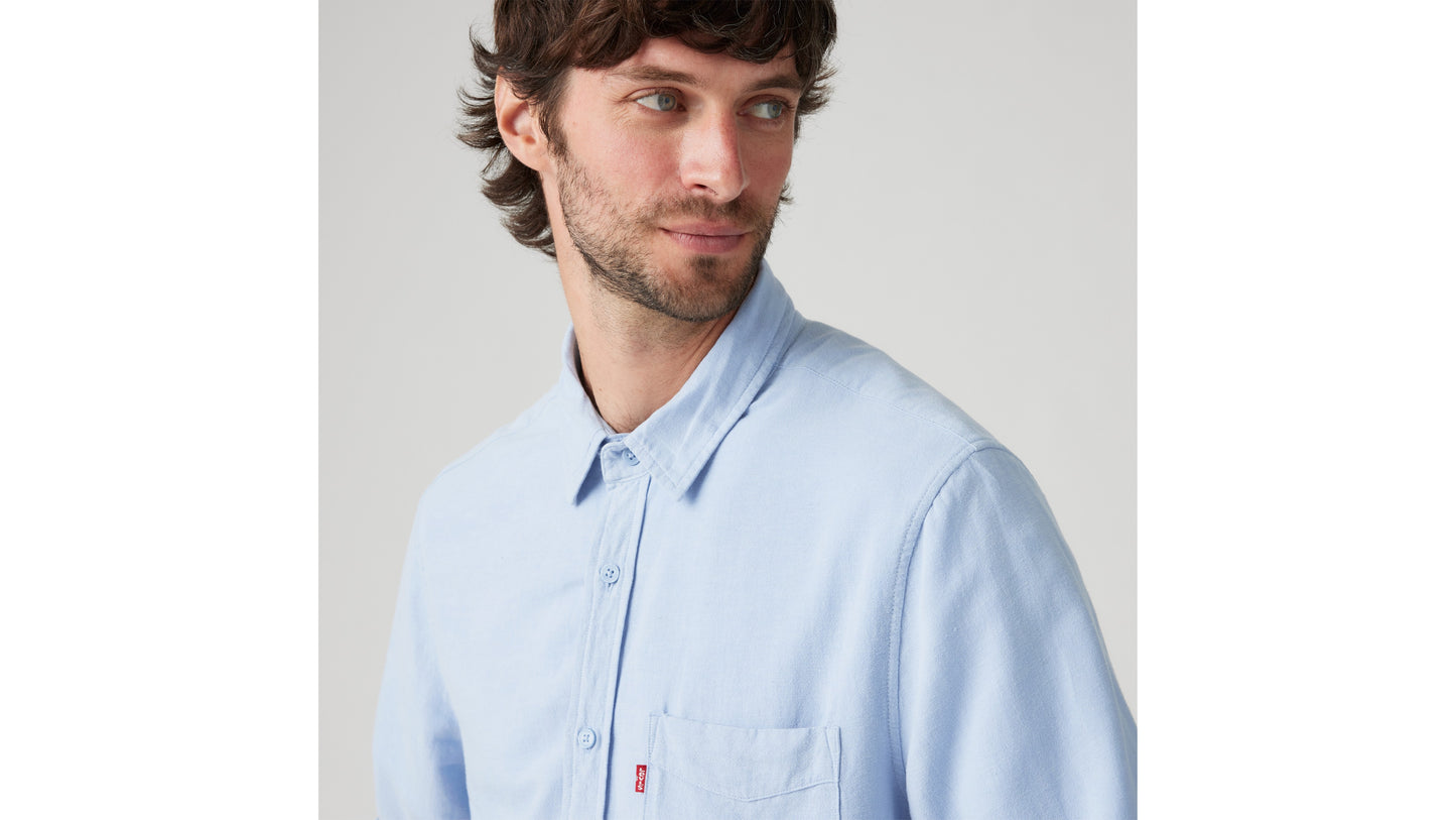 Close-up of man in Levi's light blue shirt with pocket