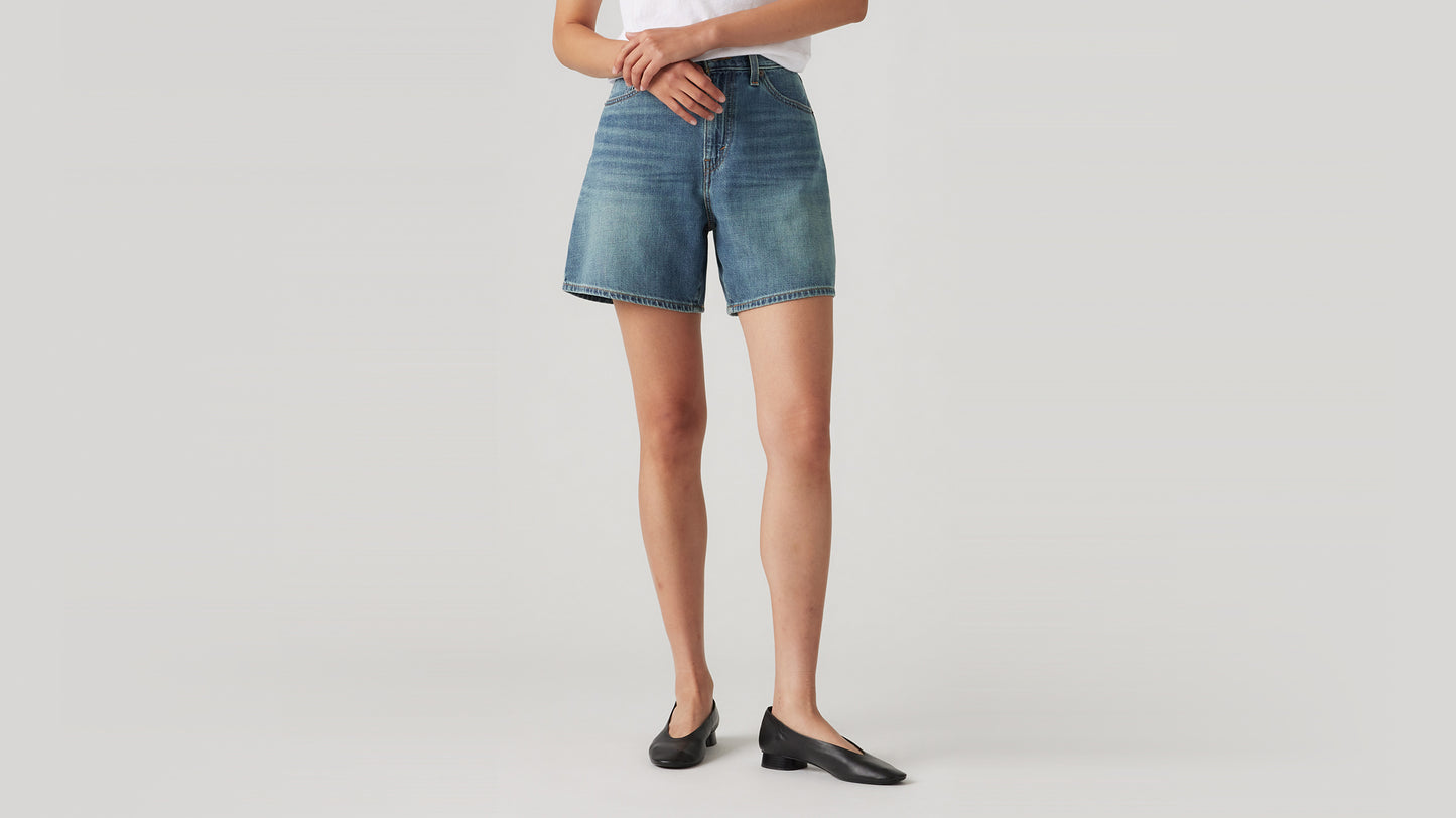 High-waisted light-blue denim shorts with subtle fade