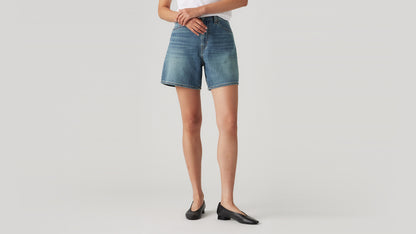 High-waisted light-blue denim shorts with subtle fade