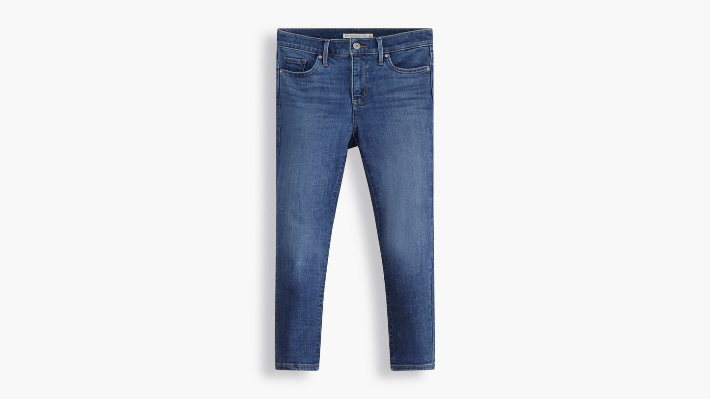 Flat lay of Levi’s mid-wash capri jeans
