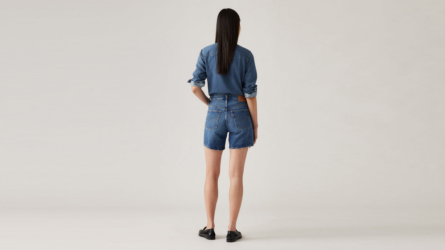 Back view of Woman in Levi's mid thigh shorts and long sleeves