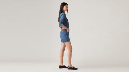Side view of Woman in Levi's mid thigh shorts and long sleeves