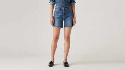 Close up view Levi's blue mid thigh shorts