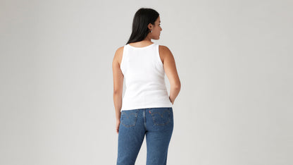 Woman in Levi's Women's Essential Racer Tank and jeans, back view