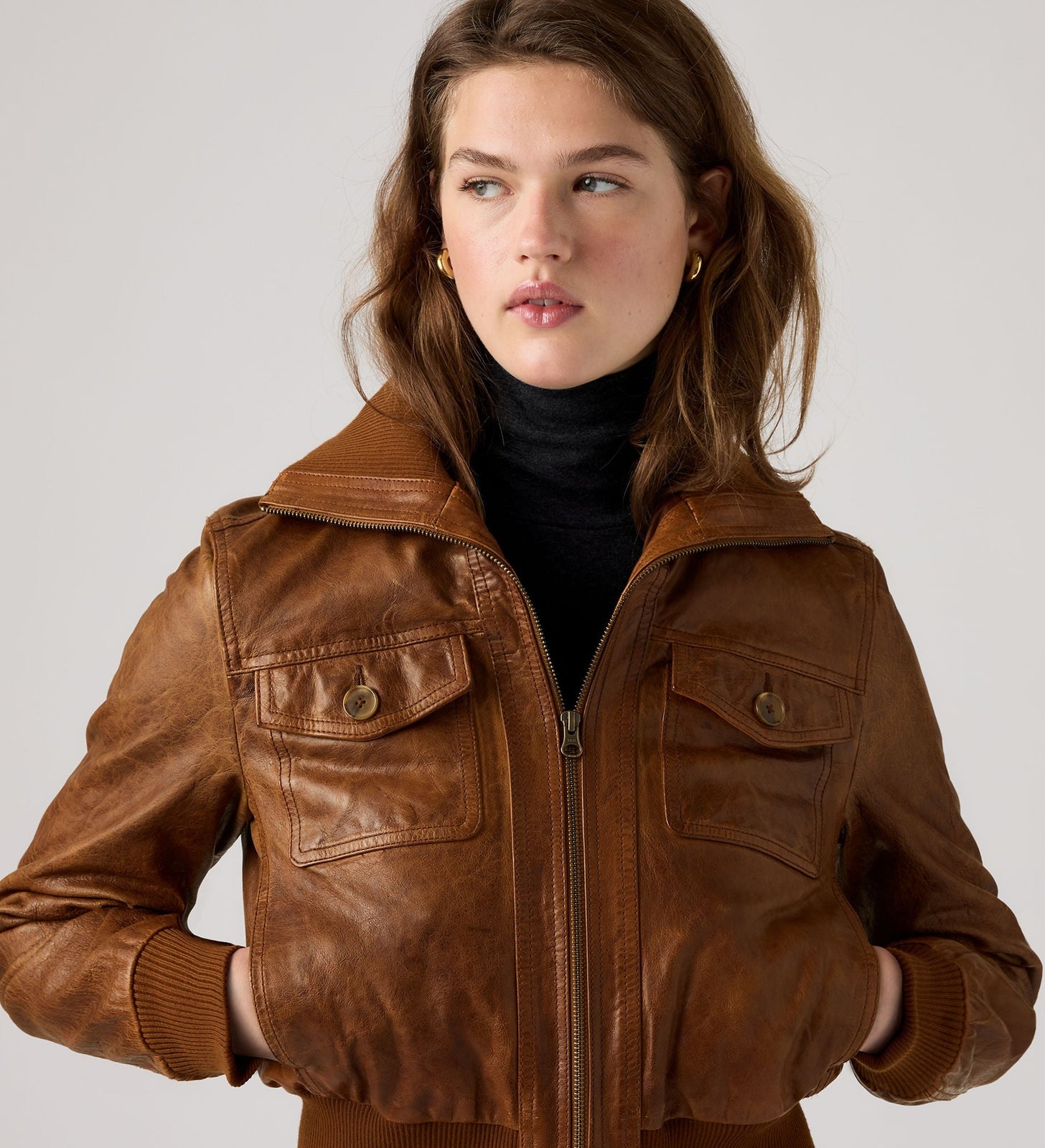 Main 4 - Levi's® Women's Kira Shrunken Leather Bomber Jacket - 007U60000