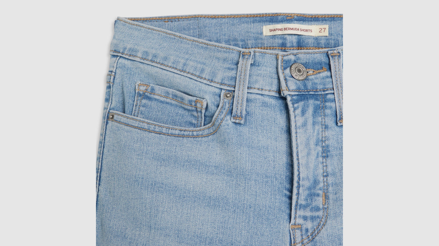 Womens faded blue shaping bermuda shorts close view