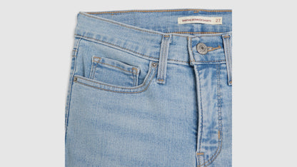 Womens faded blue shaping bermuda shorts close view