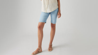 Close-up view of womens faded blue bermuda shorts
