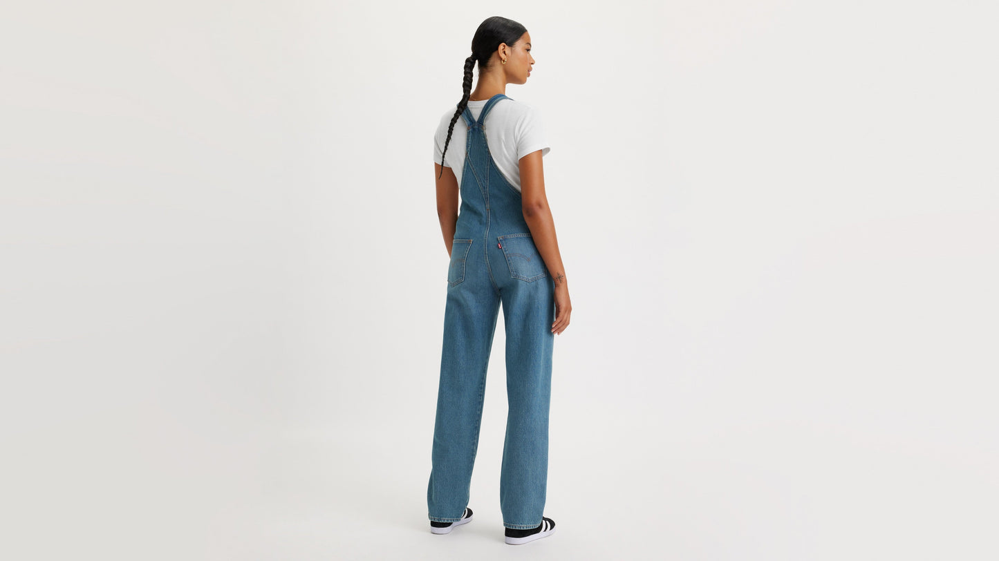 Back view of woman in Levi's womens vintage denim overalls